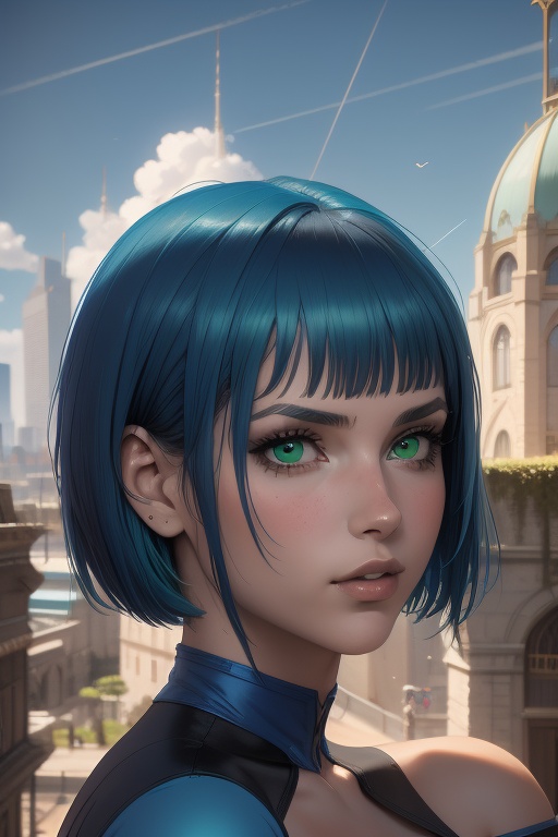 Rease is a beautiful 20-year-old woman. aqua_blue hair. ((very short haircut)). green eyes. ((Detailed Face)),  She has an...