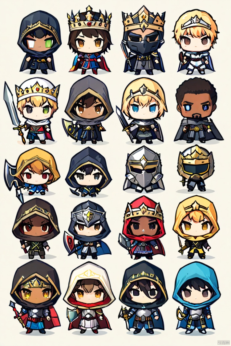  long hair, looking at viewer, short hair, multiple girls, blonde hair, simple background, brown hair, black hair, holding, closed mouth, standing, yellow eyes, weapon, multiple boys, sword, dark skin, hood, chibi, cape, holding weapon, armor, black eyes, mask, facial hair, holding sword, dark-skinned male, helmet, crown, hood up, 6+boys, shield, holding shield