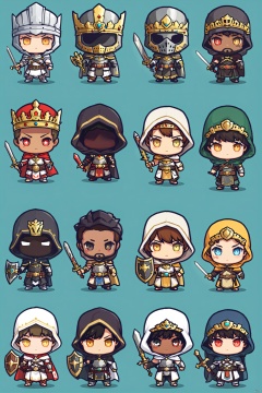  long hair, looking at viewer, short hair, multiple girls, blonde hair, simple background, brown hair, black hair, holding, closed mouth, standing, yellow eyes, weapon, multiple boys, sword, dark skin, hood, chibi, cape, holding weapon, armor, black eyes, mask, facial hair, holding sword, dark-skinned male, helmet, crown, hood up, 6+boys, shield, holding shield, (masterpiece)