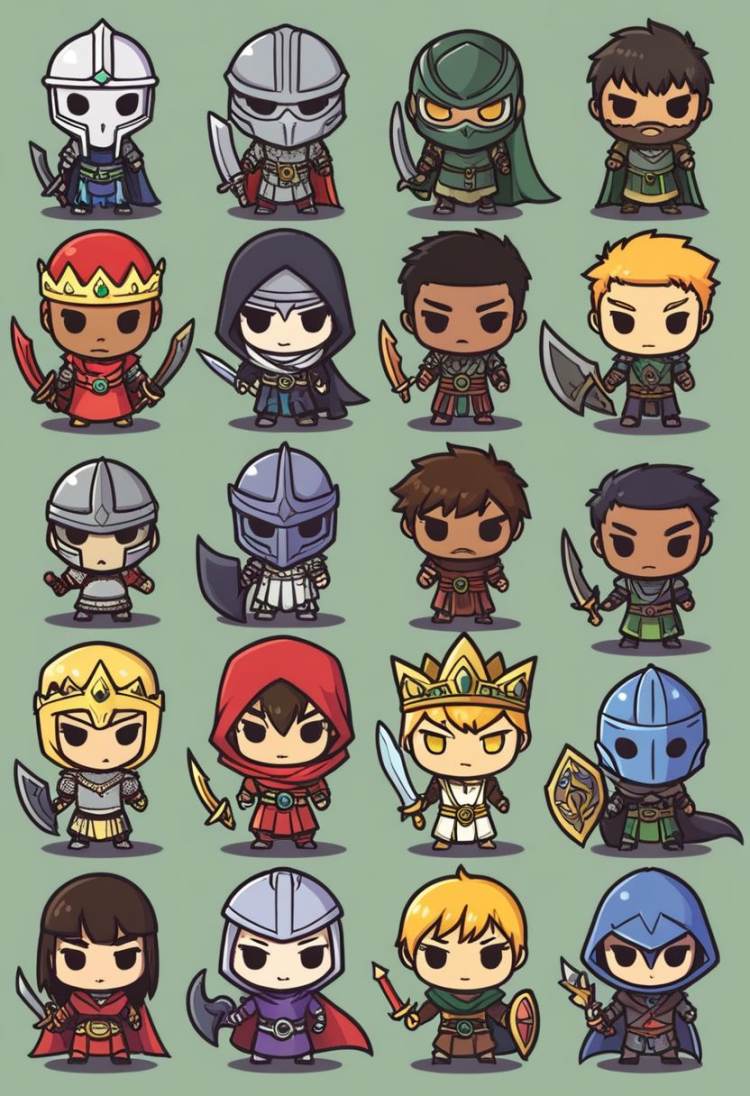 long hair, looking at viewer, short hair, multiple girls, blonde hair, simple background, brown hair, black hair, holding, closed mouth, standing, yellow eyes, weapon, multiple boys, sword, dark skin, hood, chibi, cape, holding weapon, armor, black eyes, mask, facial hair, holding sword, dark-skinned male, helmet, crown, hood up, 6+boys, shield, holding shield