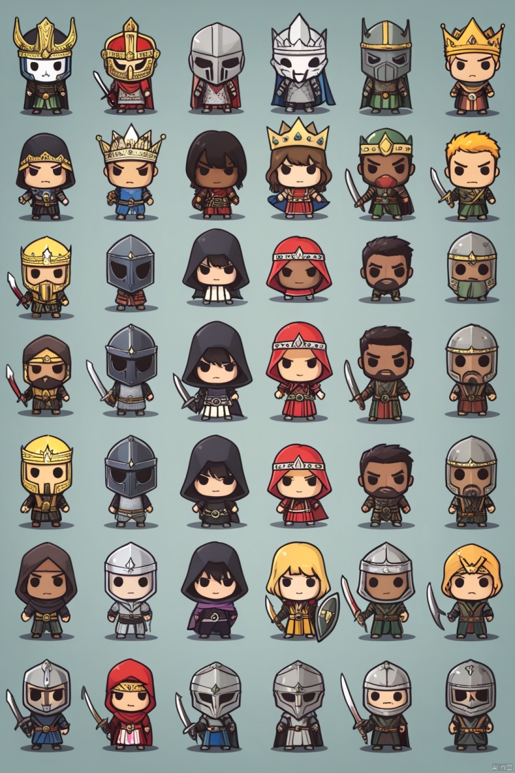  score_9, score_8_up, score_8, score_9,  long hair, looking at viewer, short hair, multiple girls, blonde hair, simple background, brown hair, black hair, holding, closed mouth, standing, yellow eyes, weapon, multiple boys, sword, dark skin, hood, chibi, cape, holding weapon, armor, black eyes, mask, facial hair, holding sword, dark-skinned male, helmet, crown, hood up, 6+boys, shield, holding shield