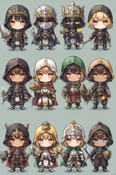  long hair, looking at viewer, short hair, multiple girls, blonde hair, simple background, brown hair, black hair, holding, closed mouth, standing, yellow eyes, weapon, multiple boys, sword, dark skin, hood, chibi, cape, holding weapon, armor, black eyes, mask, facial hair, holding sword, dark-skinned male, helmet, crown, hood up, 6+boys, shield, holding shield, wmchahua, loli