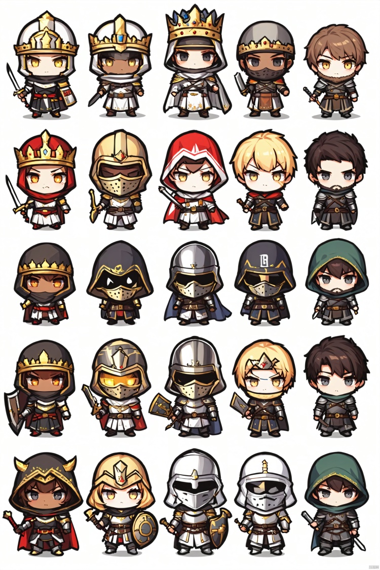  long hair, looking at viewer, short hair, multiple girls, blonde hair, simple background, brown hair, black hair, holding, closed mouth, standing, yellow eyes, weapon, multiple boys, sword, dark skin, hood, chibi, cape, holding weapon, armor, black eyes, mask, facial hair, holding sword, dark-skinned male, helmet, crown, hood up, 6+boys, shield, holding shield