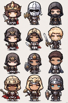  long hair, looking at viewer, short hair, multiple girls, blonde hair, simple background, brown hair, black hair, holding, closed mouth, standing, yellow eyes, weapon, multiple boys, sword, dark skin, hood, chibi, cape, holding weapon, armor, black eyes, mask, facial hair, holding sword, dark-skinned male, helmet, crown, hood up, 6+boys, shield, holding shield, (masterpiece)