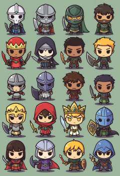 long hair, looking at viewer, short hair, multiple girls, blonde hair, simple background, brown hair, black hair, holding, closed mouth, standing, yellow eyes, weapon, multiple boys, sword, dark skin, hood, chibi, cape, holding weapon, armor, black eyes, mask, facial hair, holding sword, dark-skinned male, helmet, crown, hood up, 6+boys, shield, holding shield