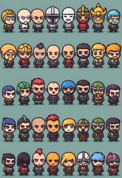 short hair, multiple girls, blonde hair, black hair, blue hair, multiple boys, hood, chibi, facial hair, helmet, beard, 6+boys, mustache, bald, cyborg, mohawk