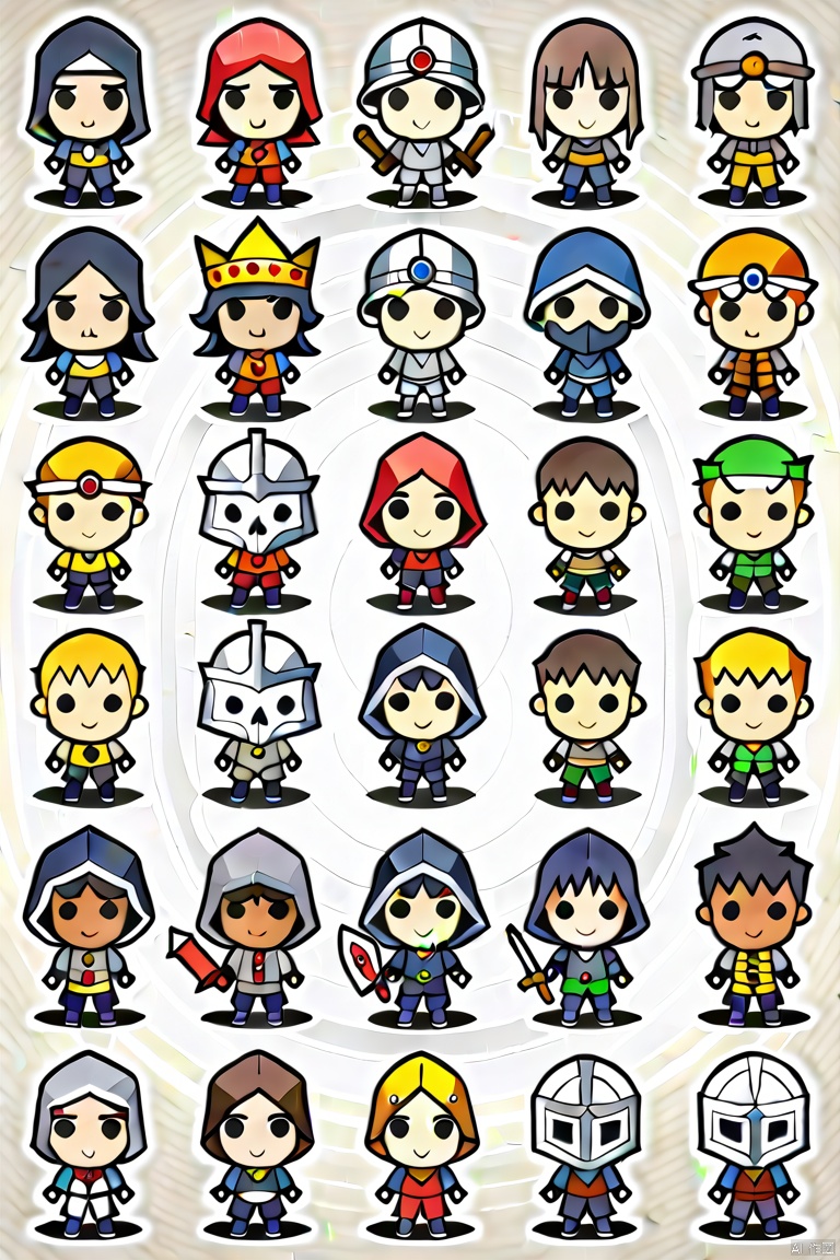 long hair, looking at viewer, short hair, multiple girls, blonde hair, simple background, brown hair, black hair, holding, closed mouth, standing, yellow eyes, weapon, multiple boys, sword, dark skin, hood, chibi, cape, holding weapon, armor, black eyes, mask, facial hair, holding sword, dark-skinned male, helmet, crown, hood up, 6+boys, shield, holding shield
