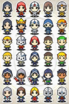 long hair, looking at viewer, short hair, multiple girls, blonde hair, simple background, brown hair, black hair, holding, closed mouth, standing, yellow eyes, weapon, multiple boys, sword, dark skin, hood, chibi, cape, holding weapon, armor, black eyes, mask, facial hair, holding sword, dark-skinned male, helmet, crown, hood up, 6+boys, shield, holding shield