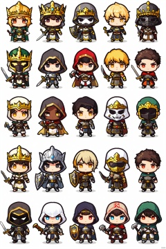  long hair, looking at viewer, short hair, multiple girls, blonde hair, simple background, brown hair, black hair, holding, closed mouth, standing, yellow eyes, weapon, multiple boys, sword, dark skin, hood, chibi, cape, holding weapon, armor, black eyes, mask, facial hair, holding sword, dark-skinned male, helmet, crown, hood up, 6+boys, shield, holding shield, (masterpiece)