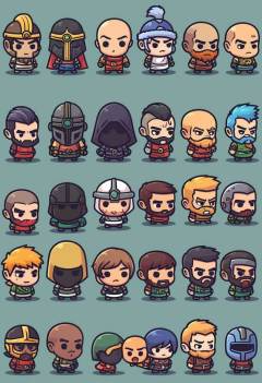 short hair, multiple girls, blonde hair, black hair, blue hair, multiple boys, hood, chibi, facial hair, helmet, beard, 6+boys, mustache, bald, cyborg, mohawk