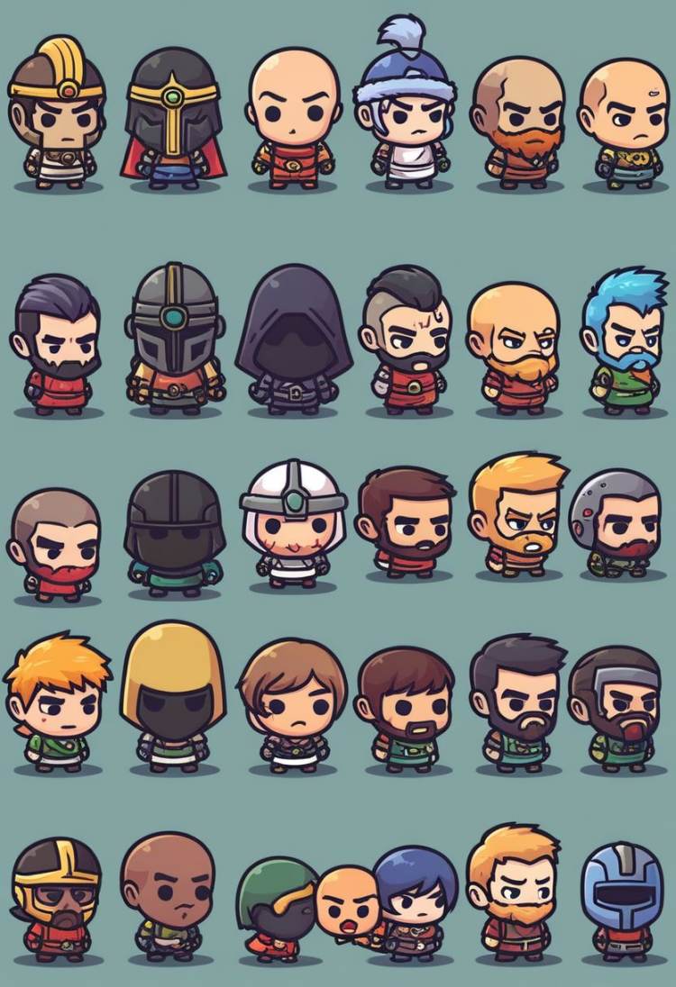 short hair, multiple girls, blonde hair, black hair, blue hair, multiple boys, hood, chibi, facial hair, helmet, beard, 6+boys, mustache, bald, cyborg, mohawk