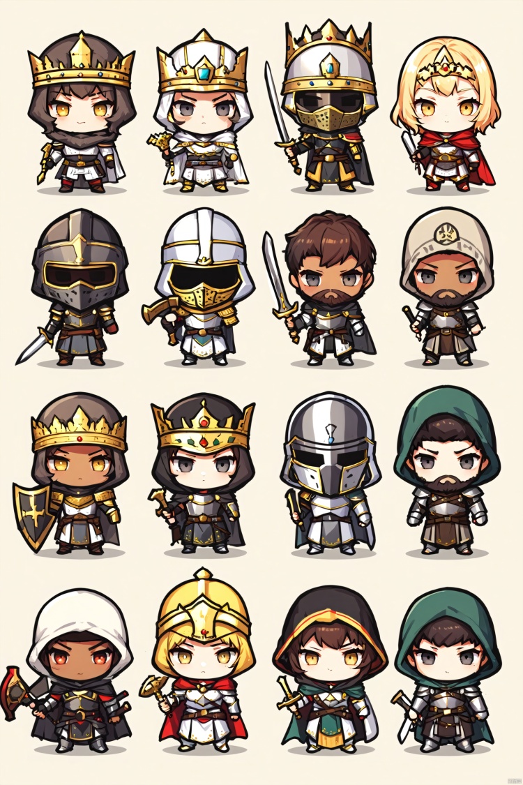  long hair, looking at viewer, short hair, multiple girls, blonde hair, simple background, brown hair, black hair, holding, closed mouth, standing, yellow eyes, weapon, multiple boys, sword, dark skin, hood, chibi, cape, holding weapon, armor, black eyes, mask, facial hair, holding sword, dark-skinned male, helmet, crown, hood up, 6+boys, shield, holding shield