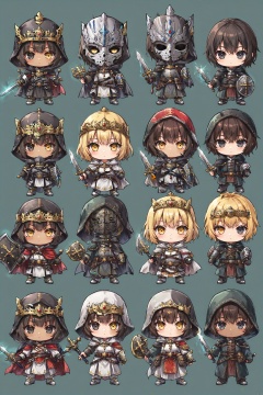  long hair, looking at viewer, short hair, multiple girls, blonde hair, simple background, brown hair, black hair, holding, closed mouth, standing, yellow eyes, weapon, multiple boys, sword, dark skin, hood, chibi, cape, holding weapon, armor, black eyes, mask, facial hair, holding sword, dark-skinned male, helmet, crown, hood up, 6+boys, shield, holding shield, wmchahua, loli