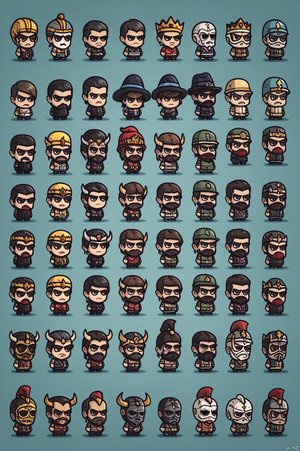 score_9, score_8_up, score_8, score_9, multiple girls, black hair, hat, multiple boys, horns, glasses, dark skin, chibi, mask, witch hat, facial hair, helmet, crown, beard, 6+boys, mustache