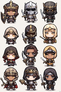  long hair, looking at viewer, short hair, multiple girls, blonde hair, simple background, brown hair, black hair, holding, closed mouth, standing, yellow eyes, weapon, multiple boys, sword, dark skin, hood, chibi, cape, holding weapon, armor, black eyes, mask, facial hair, holding sword, dark-skinned male, helmet, crown, hood up, 6+boys, shield, holding shield, (masterpiece)