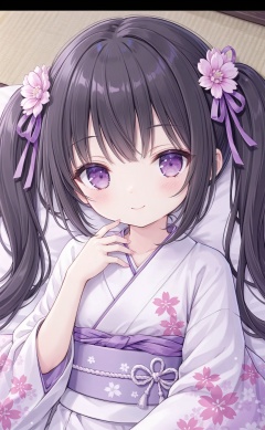 very long hair,twintails,loli,loli,loli,loli,loli,loli,loli,loli, ﻿grossissementdedeuxcentsoixantepourcent_portrait,grossissementdedeuxcentsoixantepourcent_portrait,grossissementdedeuxcentsoixantepourcent_portrait,grossissementdedeuxcentsoixantepourcent_portrait,grossissementdedeuxcentsoixantepourcent_portrait,grossissementdedeuxcentsoixantepourcent_portrait,grossissementdedeuxcentsoixantepourcent_portrait,grossissementdedeuxcentsoixantepourcent_portrait, 1girl, solo, smile, black_hair, flower, long_hair, japanese_clothes, looking_at_viewer, hair_ornament, hair_flower, purple_eyes, kimono, floral_print, lying, close-up