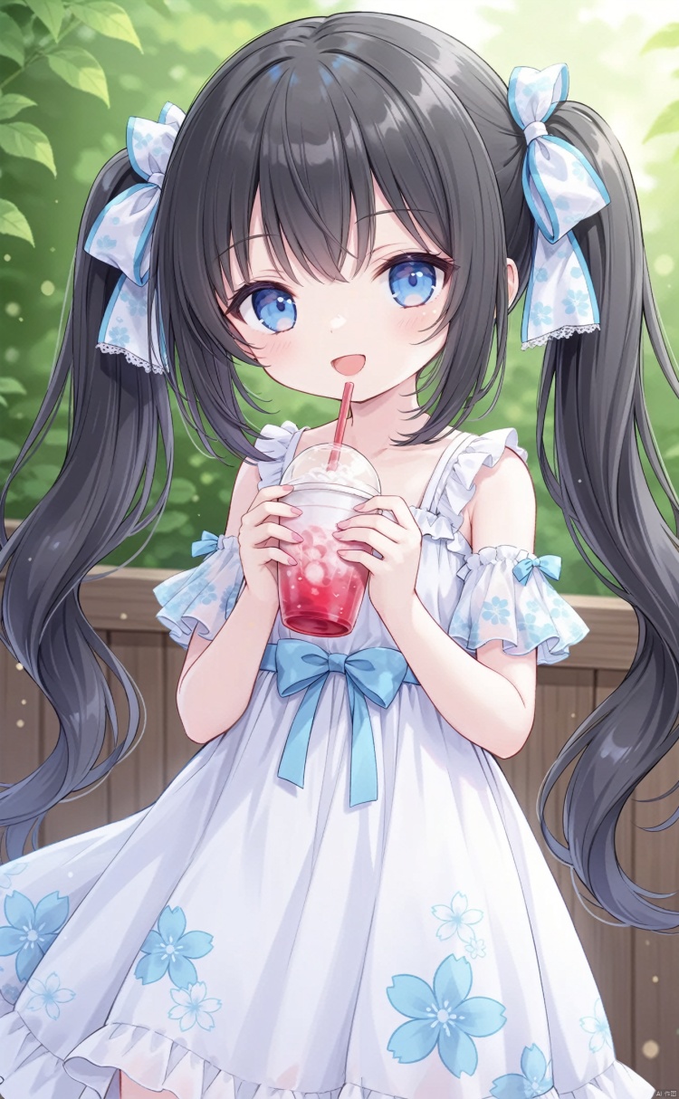 very long hair,twintails,loli,loli,loli,loli,loli,loli,loli,loli, ﻿grossissementdedeuxcentsoixantepourcent_portrait,grossissementdedeuxcentsoixantepourcent_portrait,grossissementdedeuxcentsoixantepourcent_portrait,grossissementdedeuxcentsoixantepourcent_portrait,grossissementdedeuxcentsoixantepourcent_portrait,grossissementdedeuxcentsoixantepourcent_portrait,grossissementdedeuxcentsoixantepourcent_portrait,grossissementdedeuxcentsoixantepourcent_portrait,1girl, solo, blue_eyes, open_mouth, smile, long_hair, drinking_straw, dress, looking_at_viewer, twintails, black_hair, holding, cup, floral_print, :d, ribbon