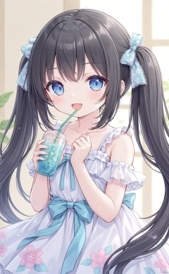 very long hair,twintails,loli,loli,loli,loli,loli,loli,loli,loli, ﻿grossissementdedeuxcentsoixantepourcent_portrait,grossissementdedeuxcentsoixantepourcent_portrait,grossissementdedeuxcentsoixantepourcent_portrait,grossissementdedeuxcentsoixantepourcent_portrait,grossissementdedeuxcentsoixantepourcent_portrait,grossissementdedeuxcentsoixantepourcent_portrait,grossissementdedeuxcentsoixantepourcent_portrait,grossissementdedeuxcentsoixantepourcent_portrait,1girl, solo, blue_eyes, open_mouth, smile, long_hair, drinking_straw, dress, looking_at_viewer, twintails, black_hair, holding, cup, floral_print, :d, ribbon