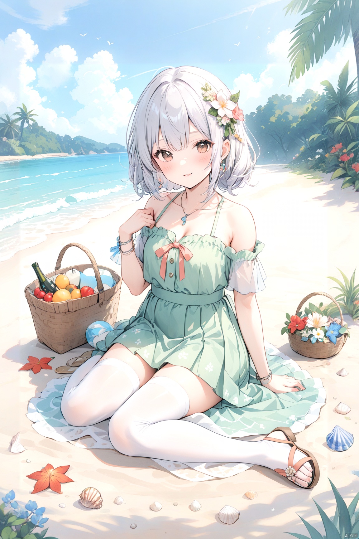  1girl, solo, *******, looking at viewer, blush, short hair, bangs, skirt, red eyes, thighhighs, ribbon, **** shoulders, jewelry, sitting, collarbone, swimsuit, hair ribbon, flower, white hair, grey hair, bikini, ******, earrings, small *******, food, miniskirt, water, bag, bracelet, white thighhighs, tree, wariza, beach, sandals, green bikini, head wreath, shell, starfish, shore, seashell, flower wreath, kama \(fate\), paleColor