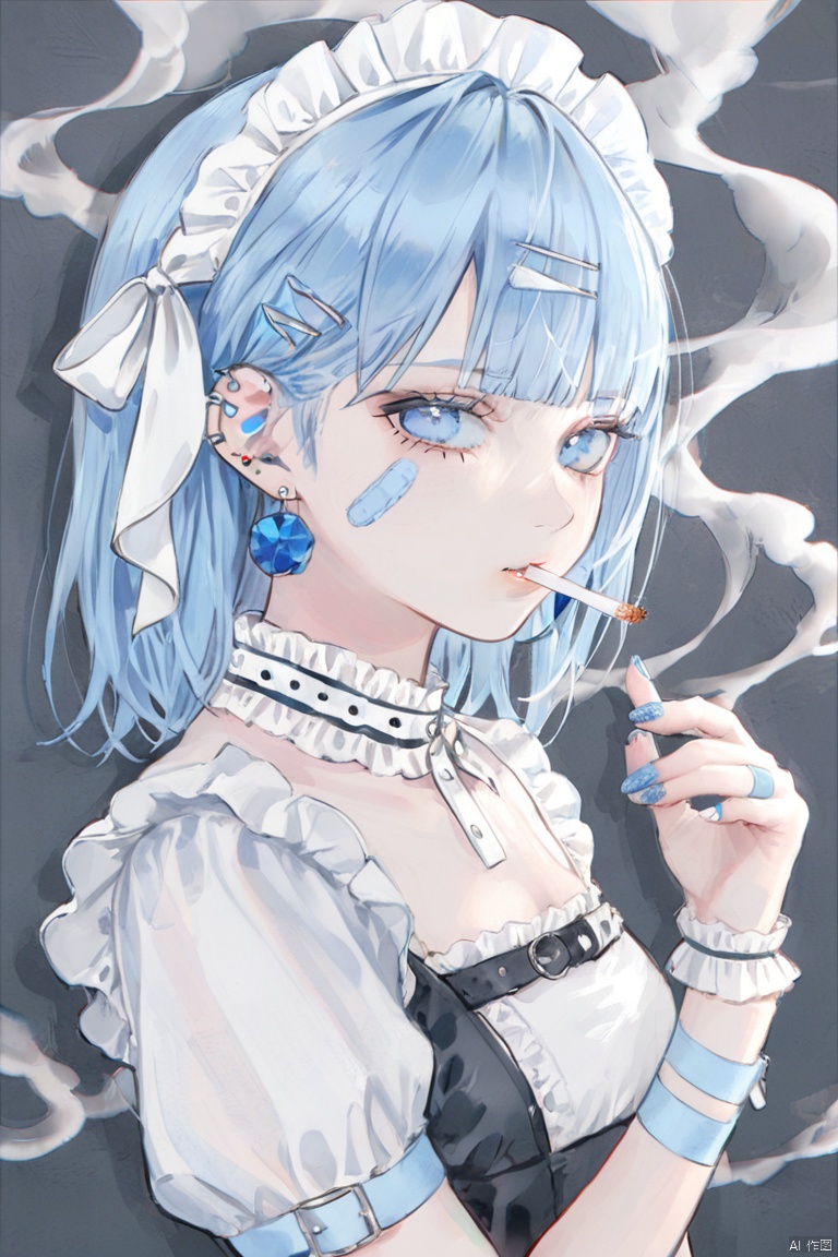  1girl, maid headdress, solo, best quality, detailed, upper body, close-up, looking at viewer, holding cigarette, ear piercing, blue eyes, eyebrows visible through hair, blue hair, hairclip, bangs, bandaid, frills, nail polish, fingernails, earrings, smoking, smoke, wrist cuffs, face, paleColor