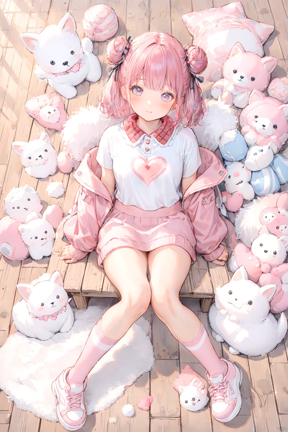 1girl,the character has pink hair with two large pink buns,wearing a white top with a pink fluffy collar,a pink jacket with white fur lining,pink knee-high socks,and pink sneakers with a white design she is sitting on a wooden surface,surrounded by three small pink plush toys,one of which has a red heart on its chest,from above, paleColor