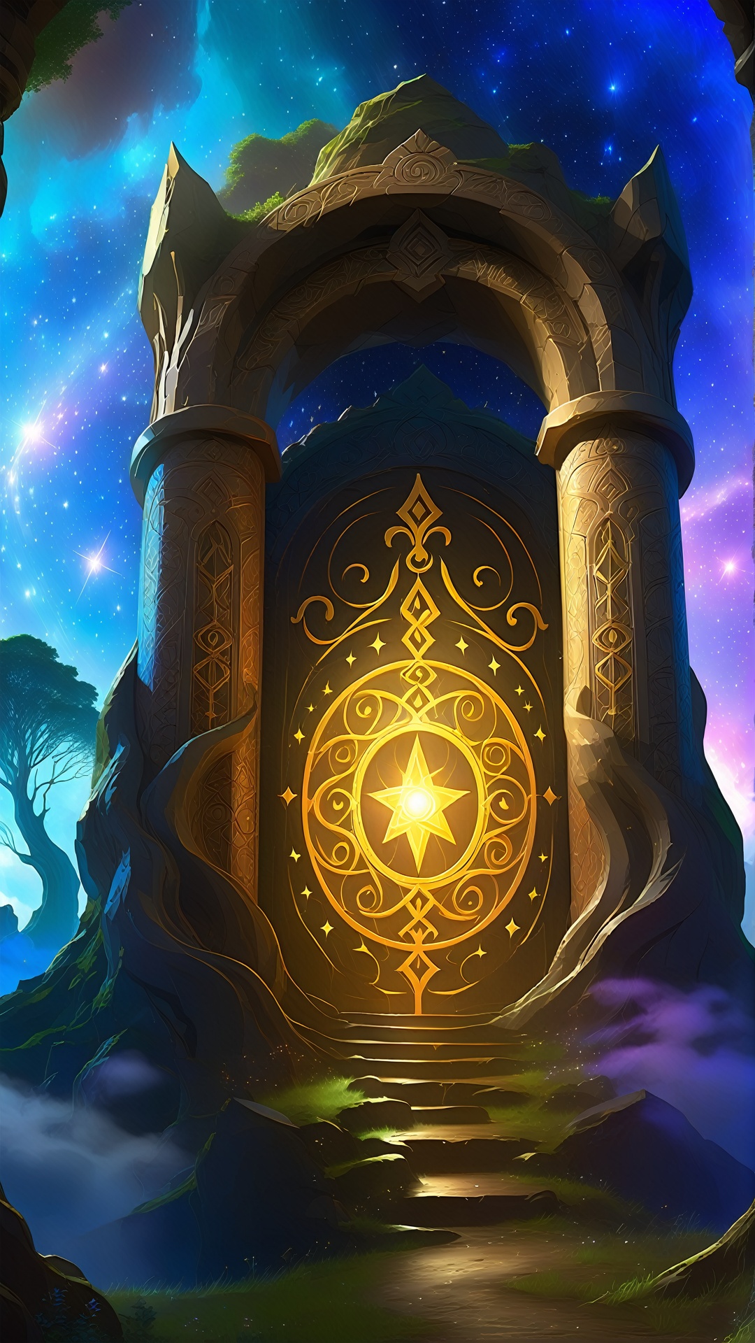 Ash,  The portal stands in a mysterious wonderland,  surrounded by colorful stars. The portal itself emits a light of magi...