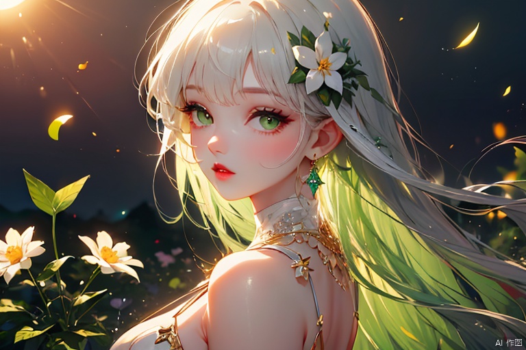 1girl, solo, long hair, looking at viewer, bangs, hair ornament, dress, bare shoulders, jewelry, green eyes, upper body, flower, white hair, earrings, parted lips, hair flower, from side, lips, eyelashes, makeup, white flower, lipstick, gem, green dress, red lips