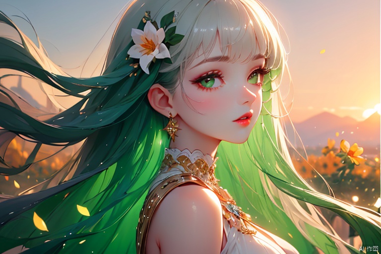 1girl, solo, long hair, looking at viewer, bangs, hair ornament, dress, bare shoulders, jewelry, green eyes, upper body, flower, white hair, earrings, parted lips, hair flower, from side, lips, eyelashes, makeup, white flower, lipstick, gem, green dress, red lips