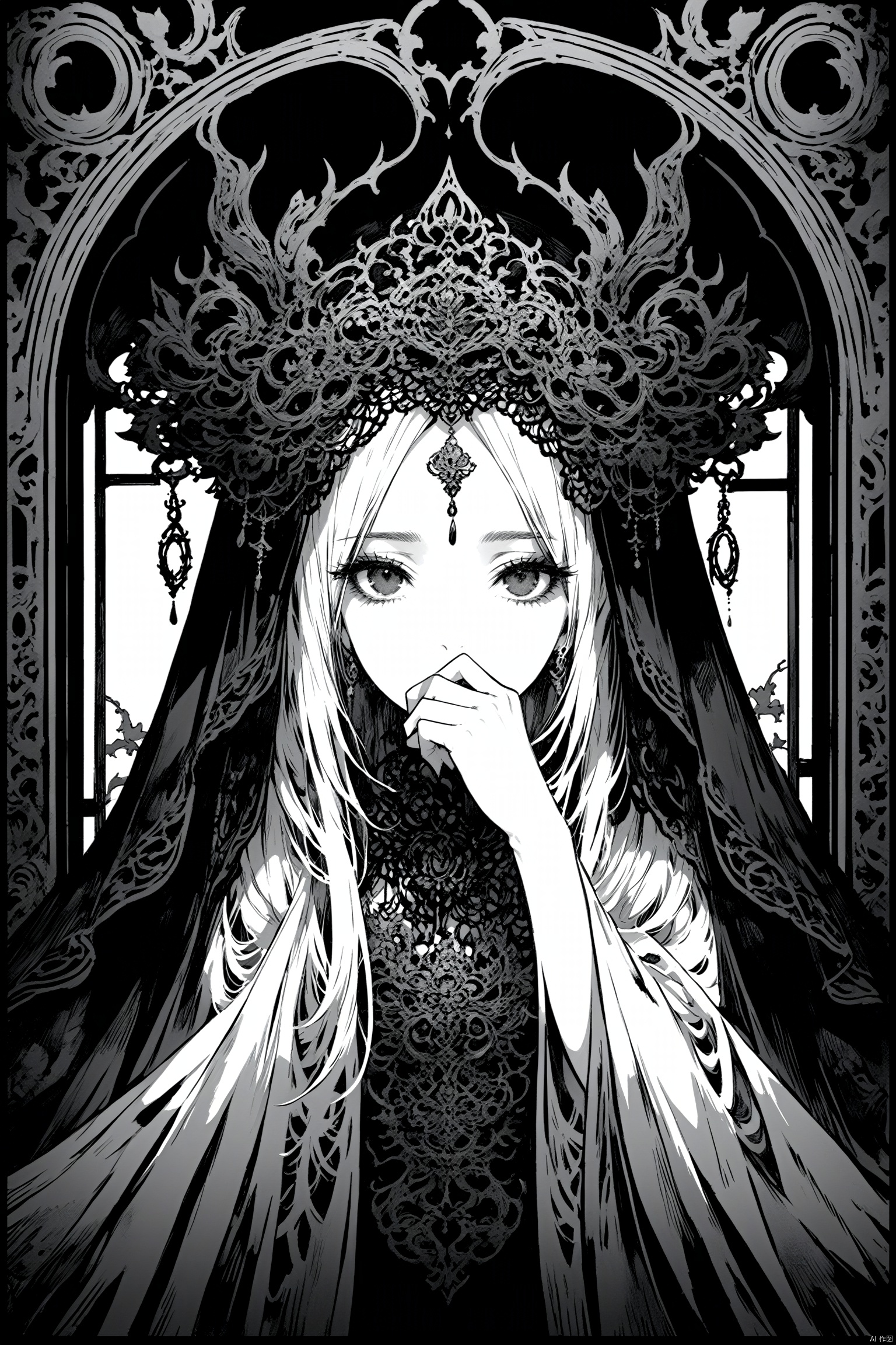  best quality,line art,line style,
the essence of a woman's face,partially obscured by a black veil. Her eyes,the windows to her soul,are the focal point of this image. They are large and expressive,framed by thick,dark eyelashes that add depth and intensity to her gaze. The veil,draped over her head and covering her mouth,adds an air of mystery and intrigue. A decorative headpiece adorns her forehead,its intricate design adding a touch of elegance and cultural significance. The background is a stark black,providing a stark contrast that accentuates the details of her face and the veil.The woman's position relative to the background suggests she is standing in front of it. The photograph beautifully encapsulates a moment of quiet contemplation and cultural richness.,