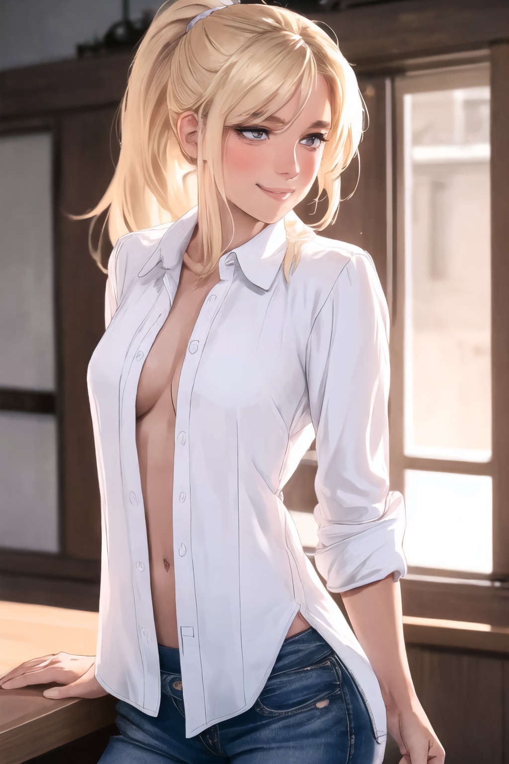 a beautiful Danish woman with blonde ponytail,  irresistible,  wearing panties and unbuttoned shirt on Tensor.Art