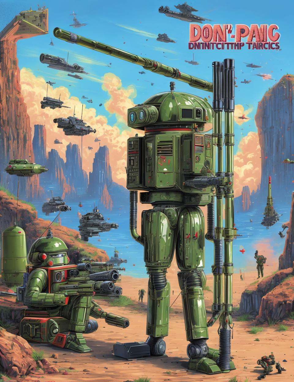 DonMD0n7P4n1c,  text \"DON'T PANIC!\",  female t-series military strategic analysis and tactics droid on Tensor.Art