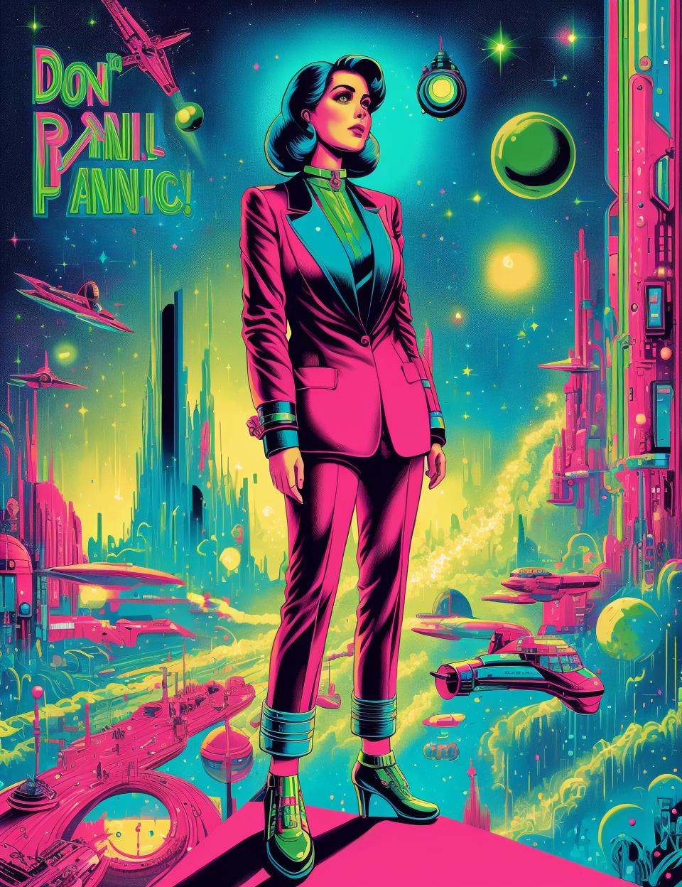 DonMD0n7P4n1c,  text \"DON'T PANIC!\",  retro scifi on Tensor.Art