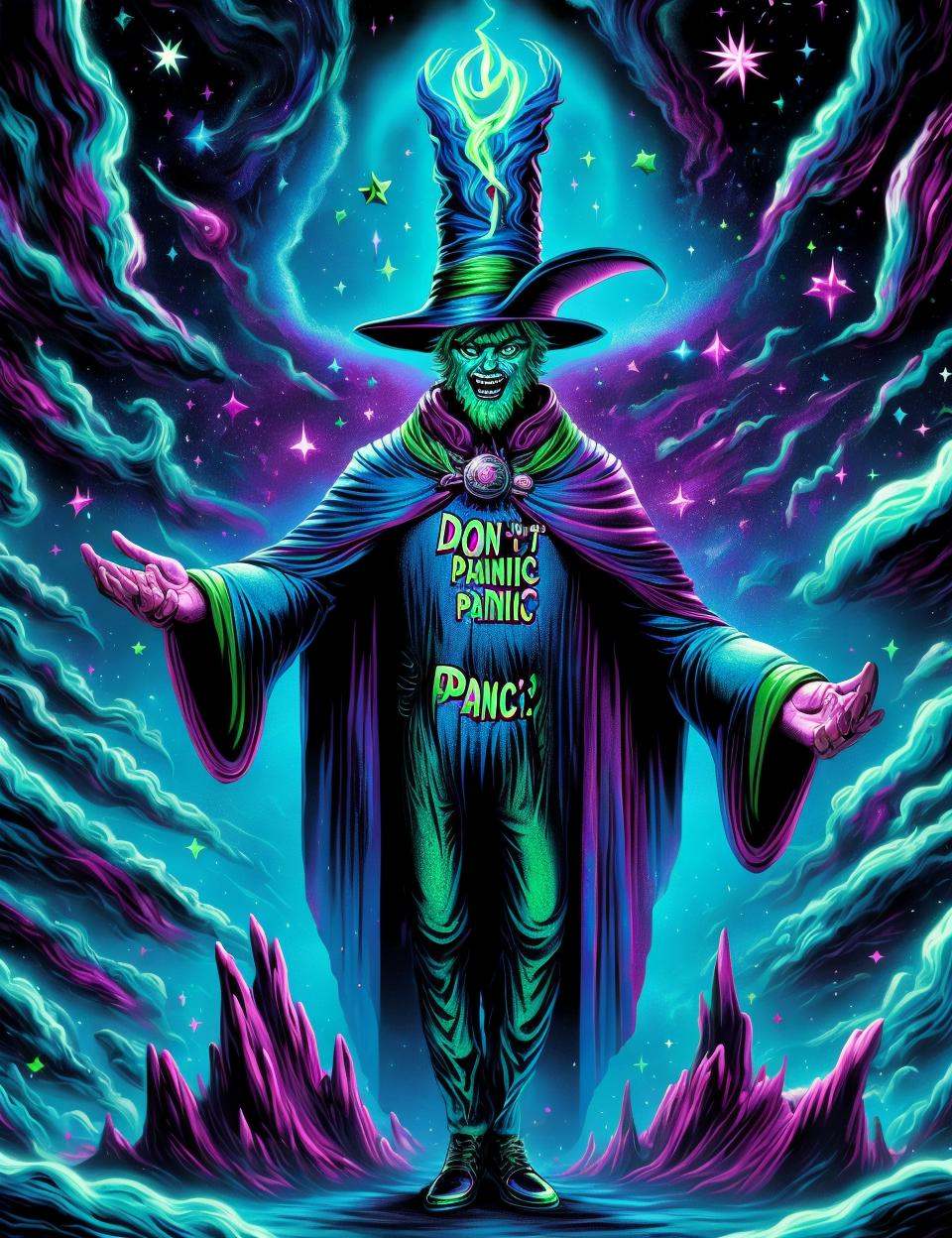 DonMD0n7P4n1c,  text "DON'T PANIC!",  male star mage Evoking bewitchment shaped like Mist of cobalt teal deluge void and d...