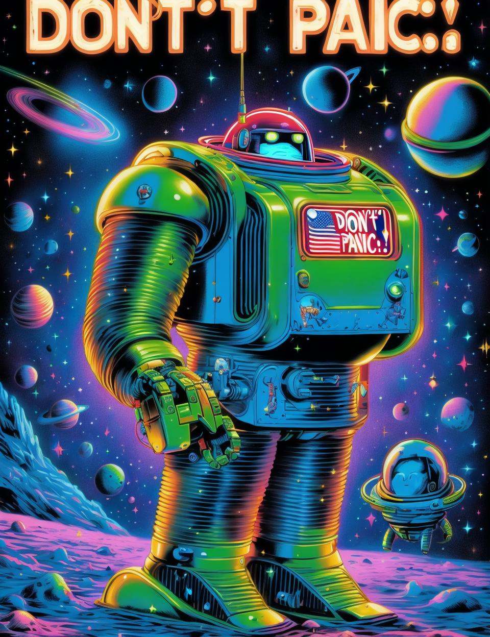 DonMD0n7P4n1c,  text \"DON'T PANIC!\",  male human robot on Tensor.Art