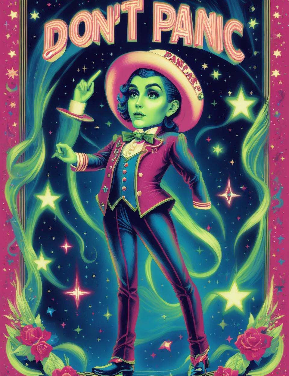 DonMD0n7P4n1c,  text \"DON'T PANIC!\",  female dandy on Tensor.Art