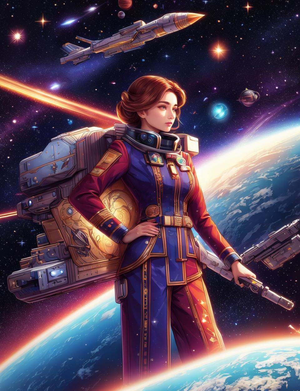 DonM0m3g4,  illustration,  female spacefaring civilization- extravagantly adorned being wearing sophisticated space-faring...