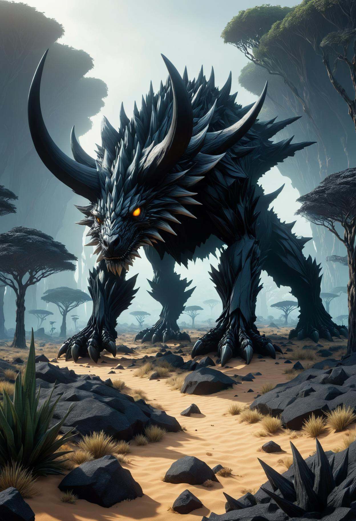 DonMB14ckR0ckXL,  black rock,  undershadow in savanna biome on Tensor.Art