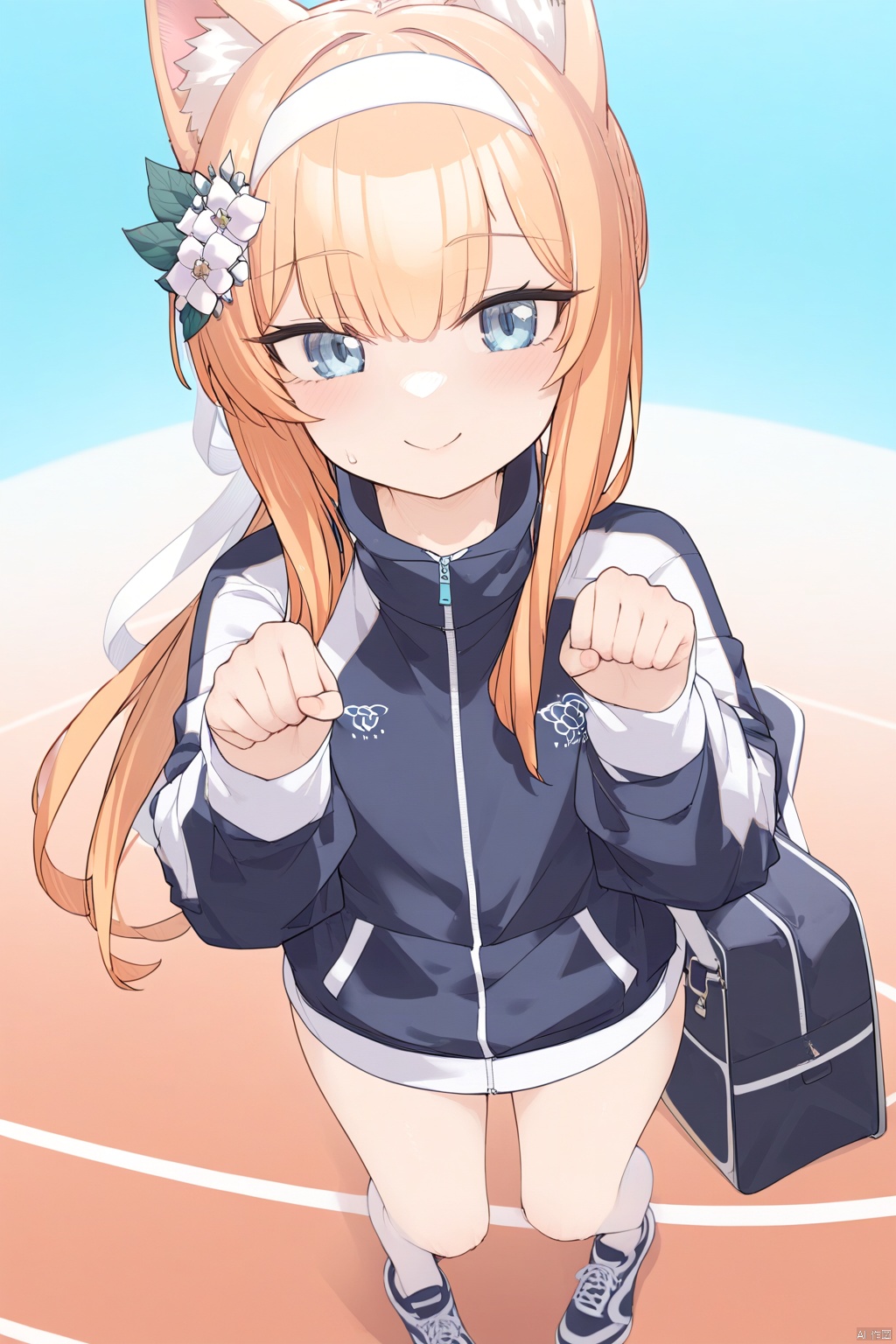  1girl,(masterpiece:1.3),( beautiful:1.2),(high quality:1.2),(finely detailed:1.2),extremely detailed CG unity 8k wallpaper,best quality,a very delicate and beautiful,perfect fingers,(one cute girl at the center:1.2),
1girl, solo, long hair, looking at viewer, blush, smile, bangs, blue eyes, hair ornament, long sleeves, animal ears, closed mouth, standing, jacket, full body, ponytail, flower, hairband, shoes, hair flower, bag, orange hair, official alternate costume, animal ear fluff, hands up, from above, halo, white flower, blue jacket, sneakers, track jacket, white hairband, shoulder bag, multicolored jacket, two-tone jacket, mari \(blue archive\),kusakashi, loli, mariBA,mariGym