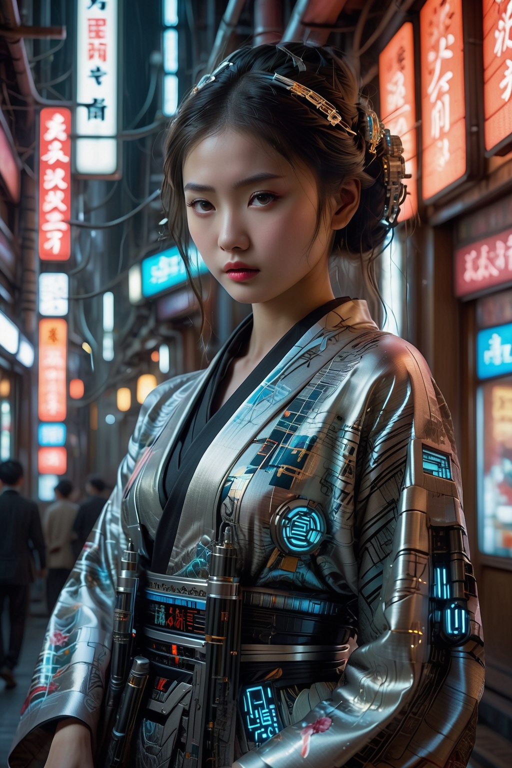In a cyberpunk fusion with traditional Japanese culture,  a young Japanese girl dons a sleek kimono contrasted by a futuri...