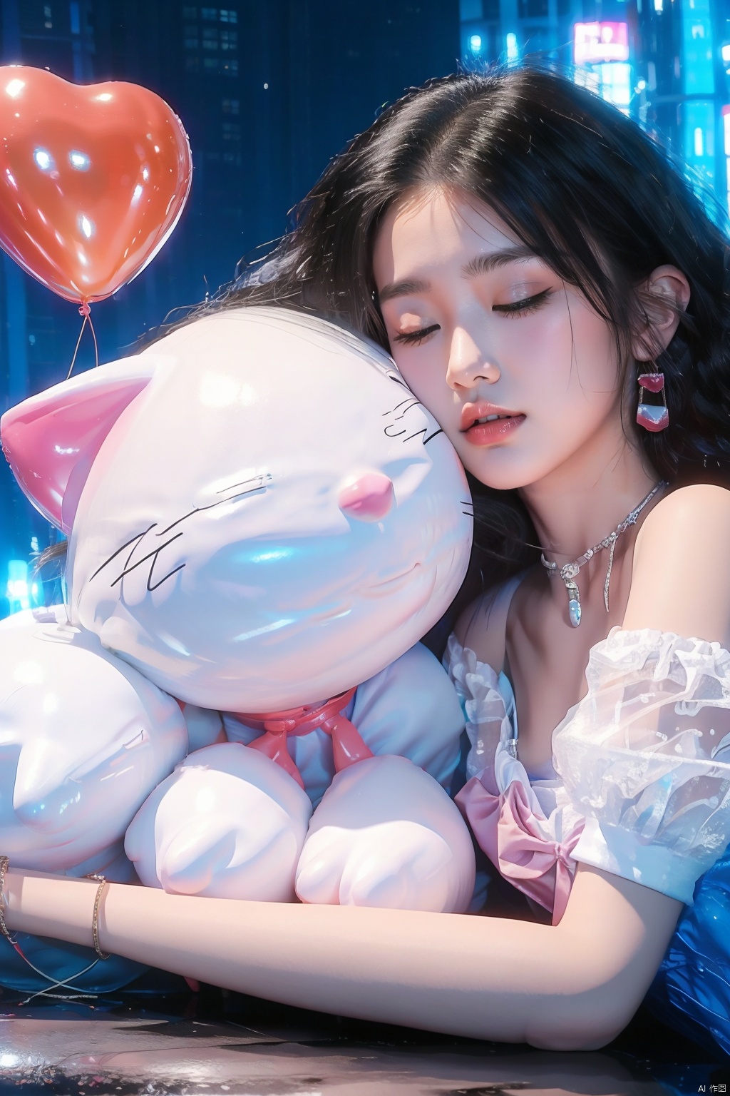 1girl, solo, short hair, black hair, dress, bare shoulders, jewelry, closed eyes, short sleeves, heart, earrings, necklace, bracelet, puffy short sleeves, lips, hug, makeup, night, cat, balloon