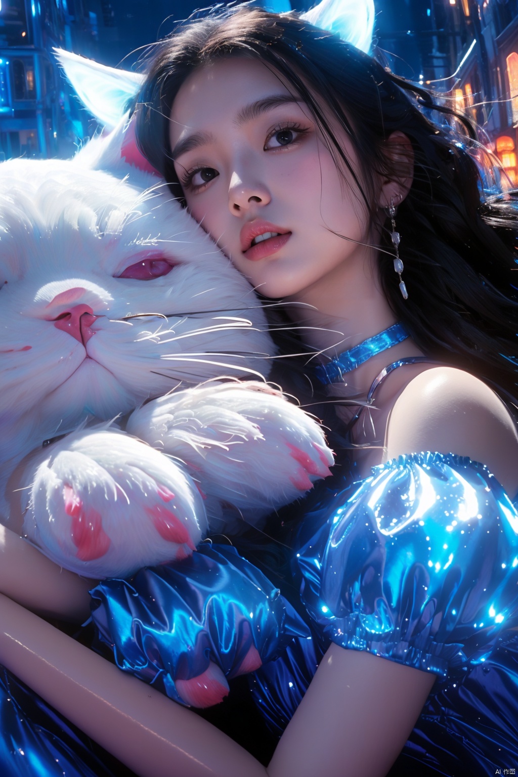 1girl, solo, long hair, looking at viewer, blue eyes, black hair, dress, animal ears, bare shoulders, jewelry, sitting, short sleeves, earrings, outdoors, parted lips, choker, puffy sleeves, puffy short sleeves, lips, night, blue dress, animal, cat, stairs, holding animal, blue choker, white cat, animal hug