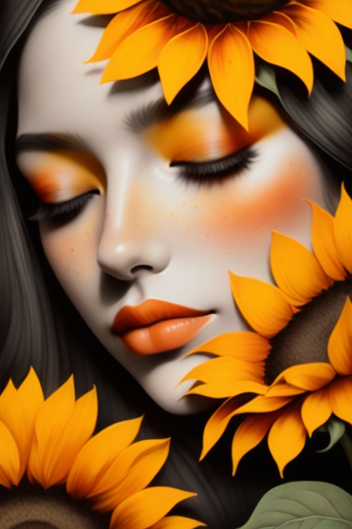 SelectiveColorStyle yellow and orange,  2colorpop,  ink stained wash painting. A woman with her eyes closed. ((Sunflowers)...