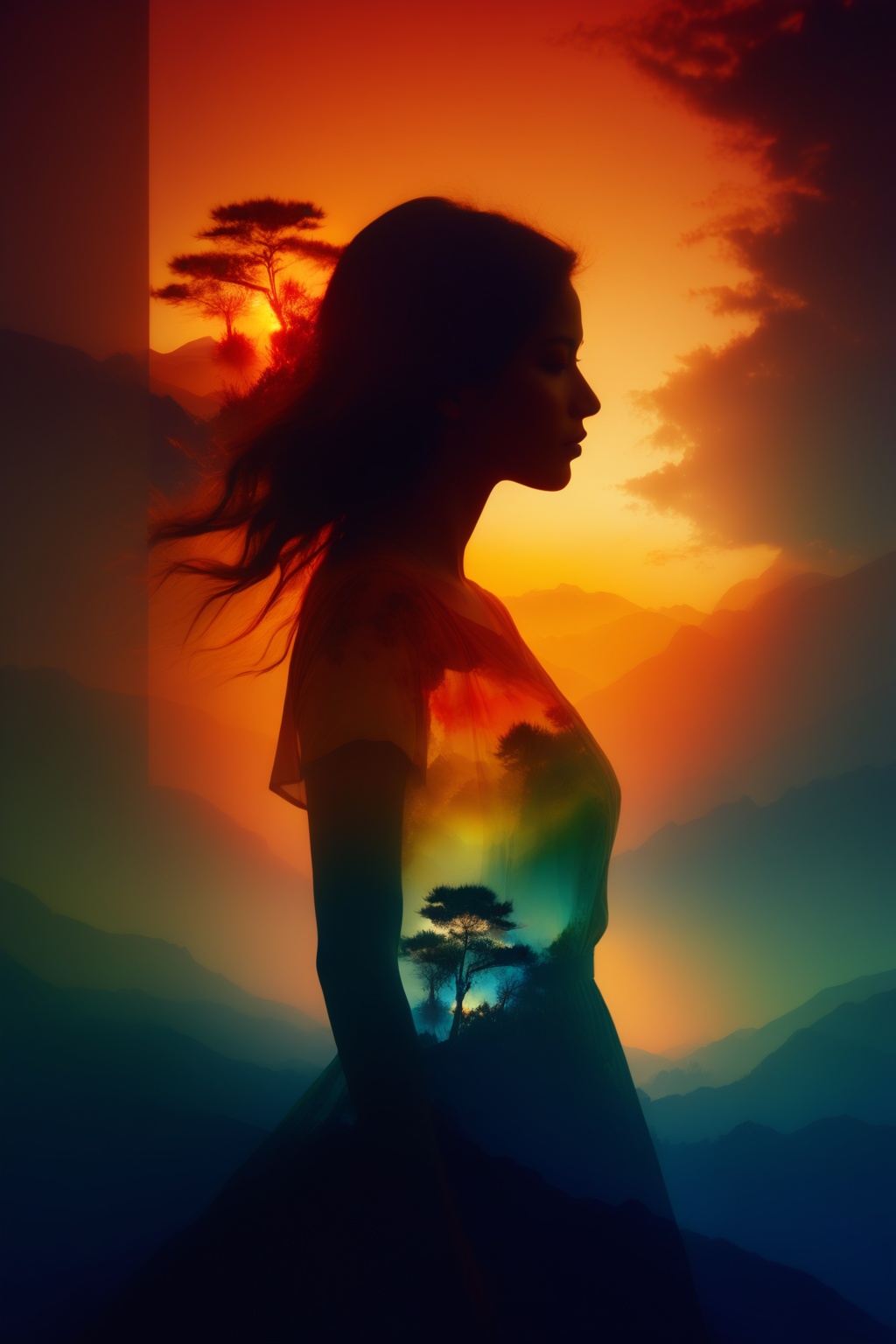 "Digital fantasy double exposure silhouetted a woman Illustration of a summerscape sunset,  by Waterhouse,  Carne Griffith...