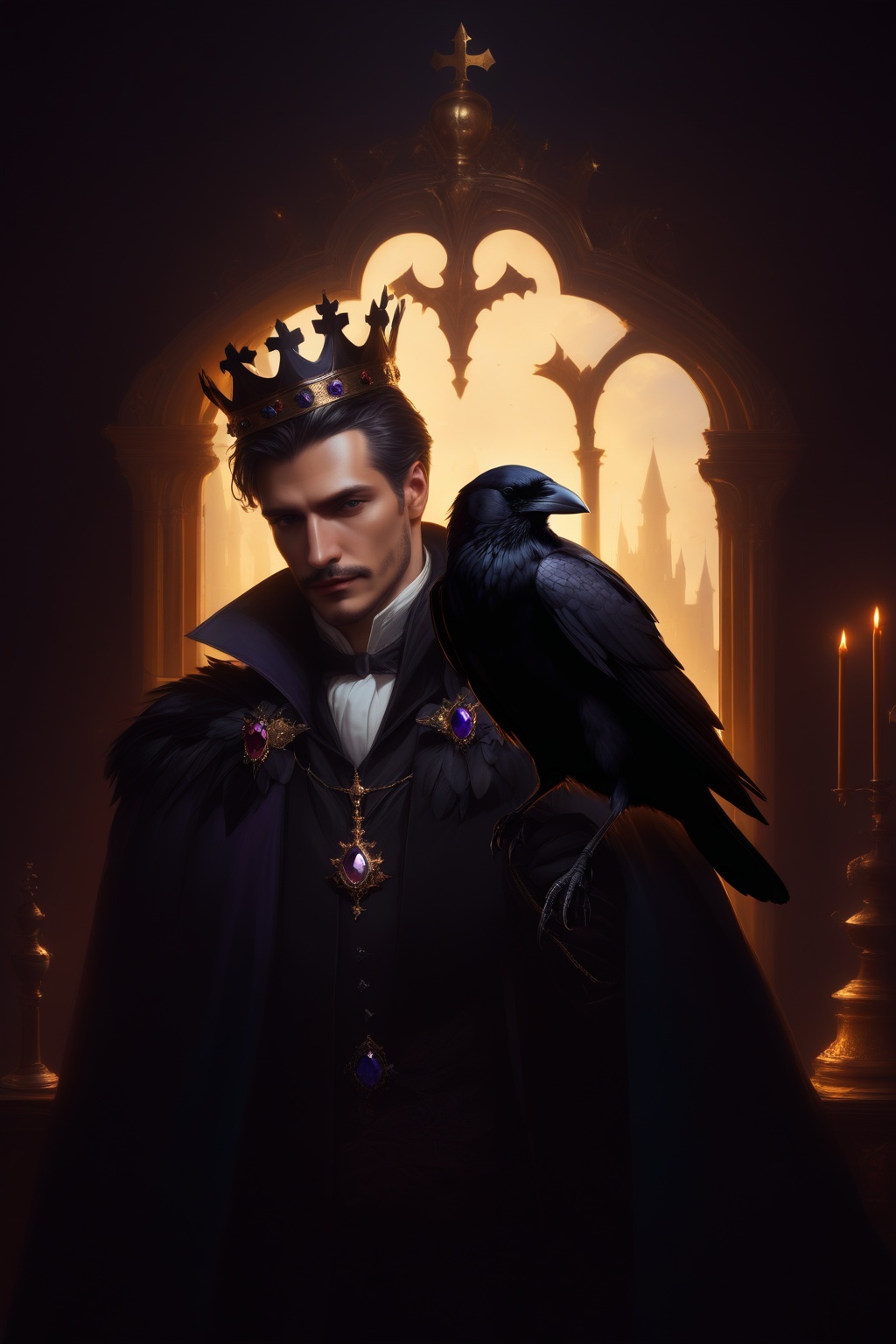 alchemist and magician aristocratic man,  a dead raven crow on his shoulder,  man looking from behind a mirror on Tensor.Art