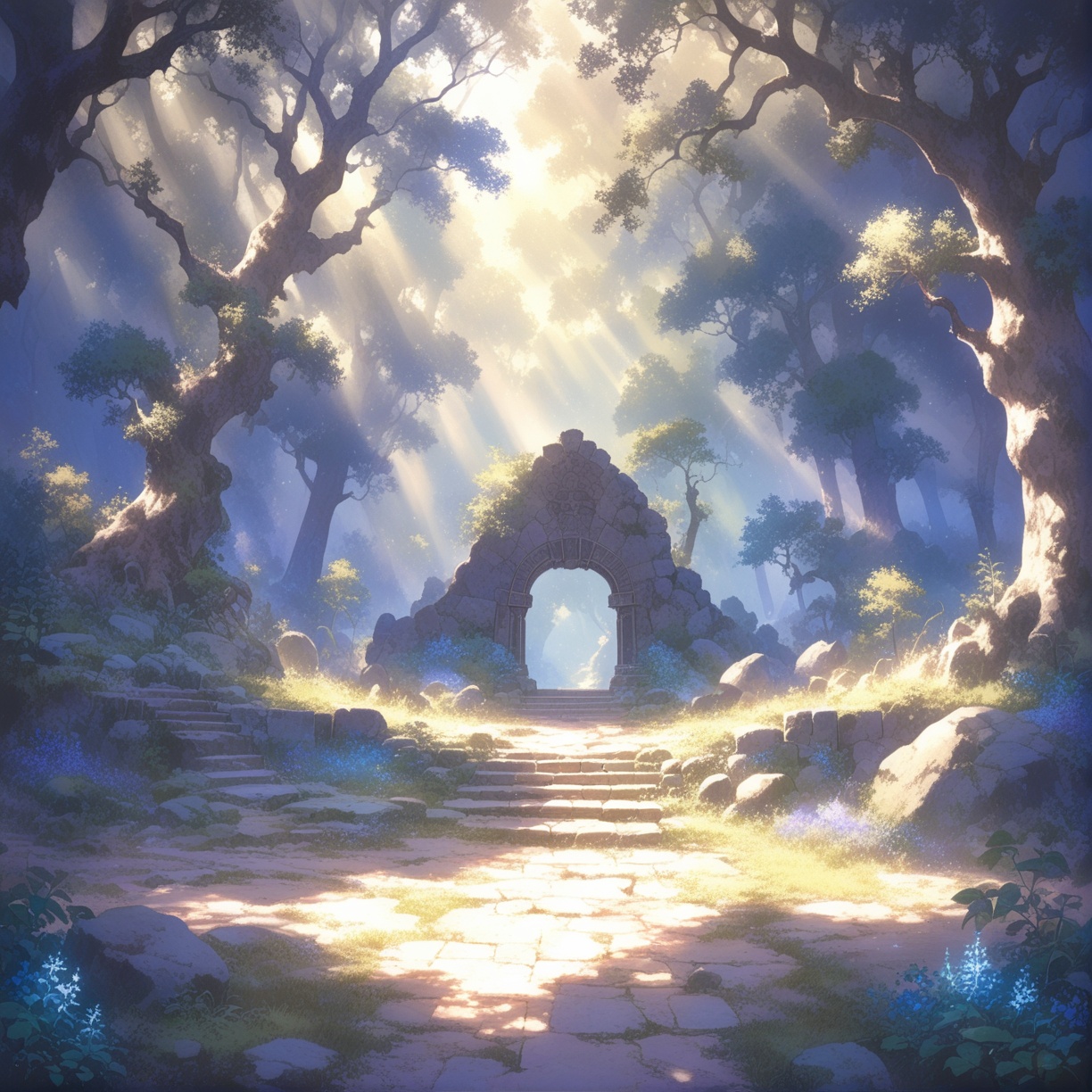 scenery, background, no humans, nature, tree, outdoors, stairs, forest, sunlight, bush, flower, grass, path, plant, day, light particles, rock, light rays, dappled sunlight, moss, blue flower,
masterpiece, best quality, aesthetic