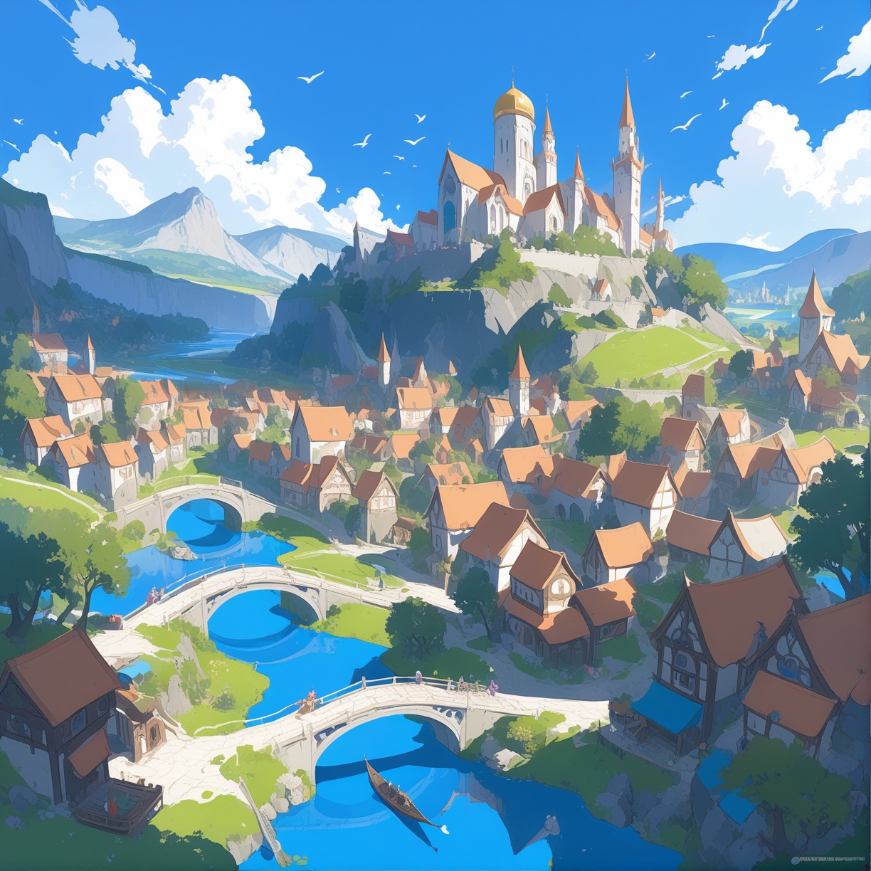 scenery, background, outdoors, cloud, sky, day, water, no humans, blue sky, castle, bridge, river, tree, mountain, building, boat, fantasy, watercraft, landscape, grass, lake, bird, cloudy sky, architecture, city, rock, tower, nature, village, flower, cliff, mountainous horizon, people ,
masterpiece, best quality, aesthetic