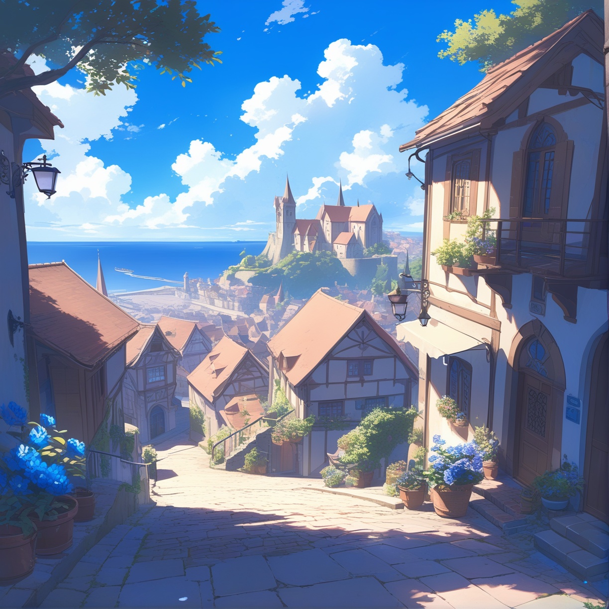 scenery, background, outdoors, sky, cloud, no humans, day, tree, ocean, blue sky, building, flower, plant, horizon, sign, water, potted plant, road, city, lamppost, town, house, blue flower, cityscape, window, bush, sunlight, pavement, door, street, path, cloudy sky, railing, stairs, flower pot, watercraft, fantasy, shade, tower, shadow ,
masterpiece, best quality, aesthetic