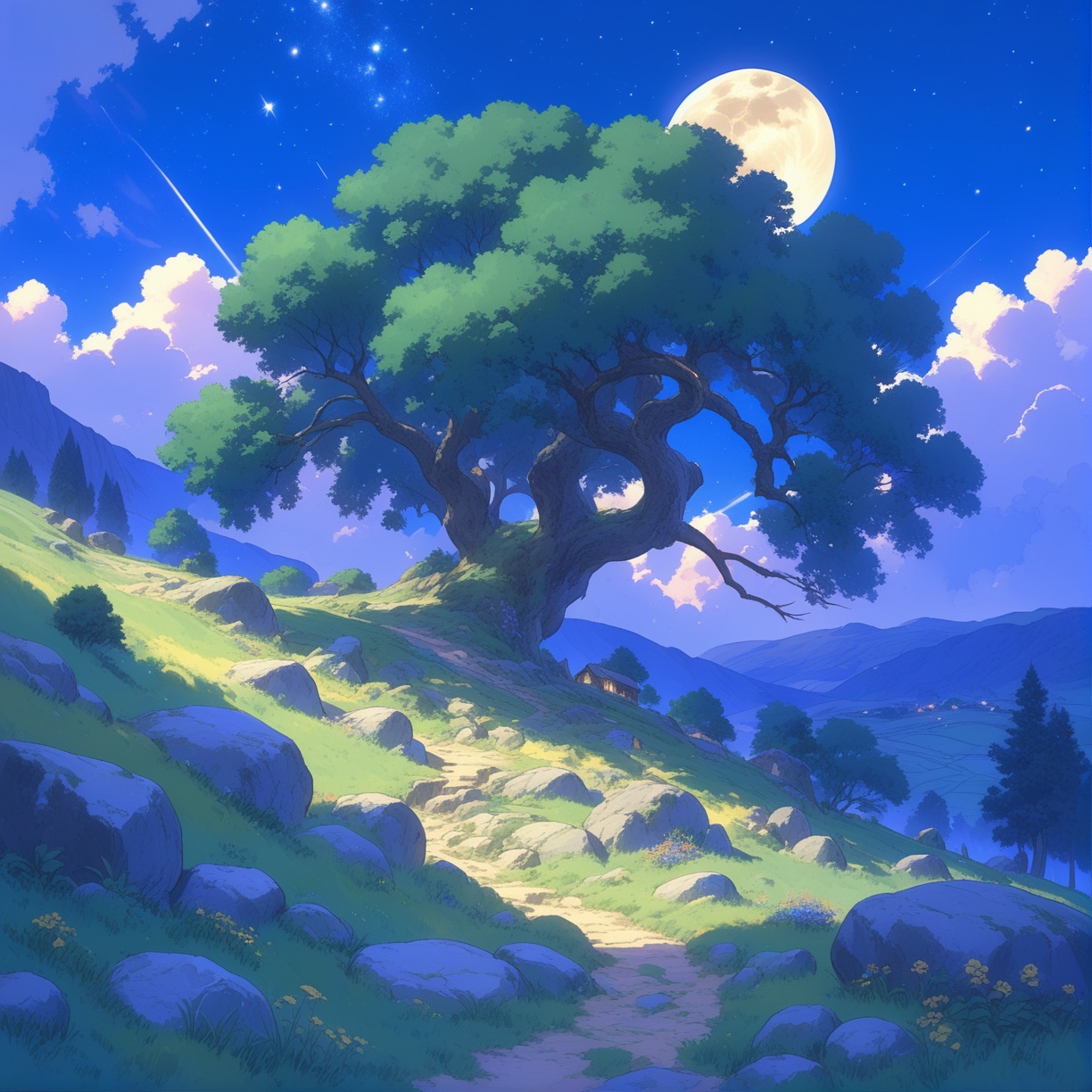 scenery, background, outdoors, no humans, tree, sky, grass, cloud, rock, star (sky), flower, nature, blue sky, landscape, mountain, moon, starry sky, night, field, path, day, forest, mountainous horizon, road, yellow flower, night sky, cloudy sky, hill, sunset, bush, plant ,
masterpiece, best quality, aesthetic