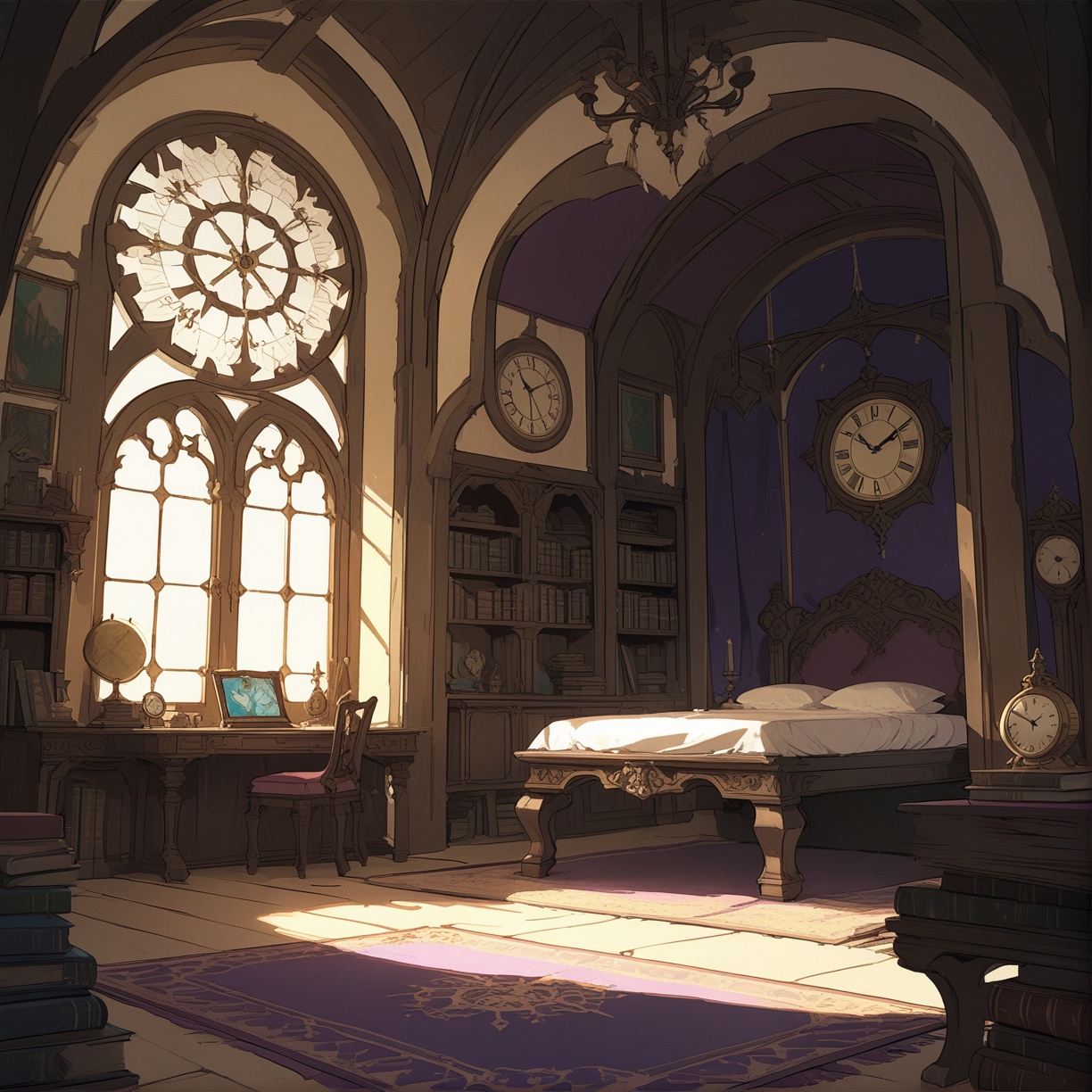 scenery, background, no humans, book, window, indoors, chair, table, clock, fantasy, sunlight, stairs, shadow, day,
masterpiece, best quality, aesthetic