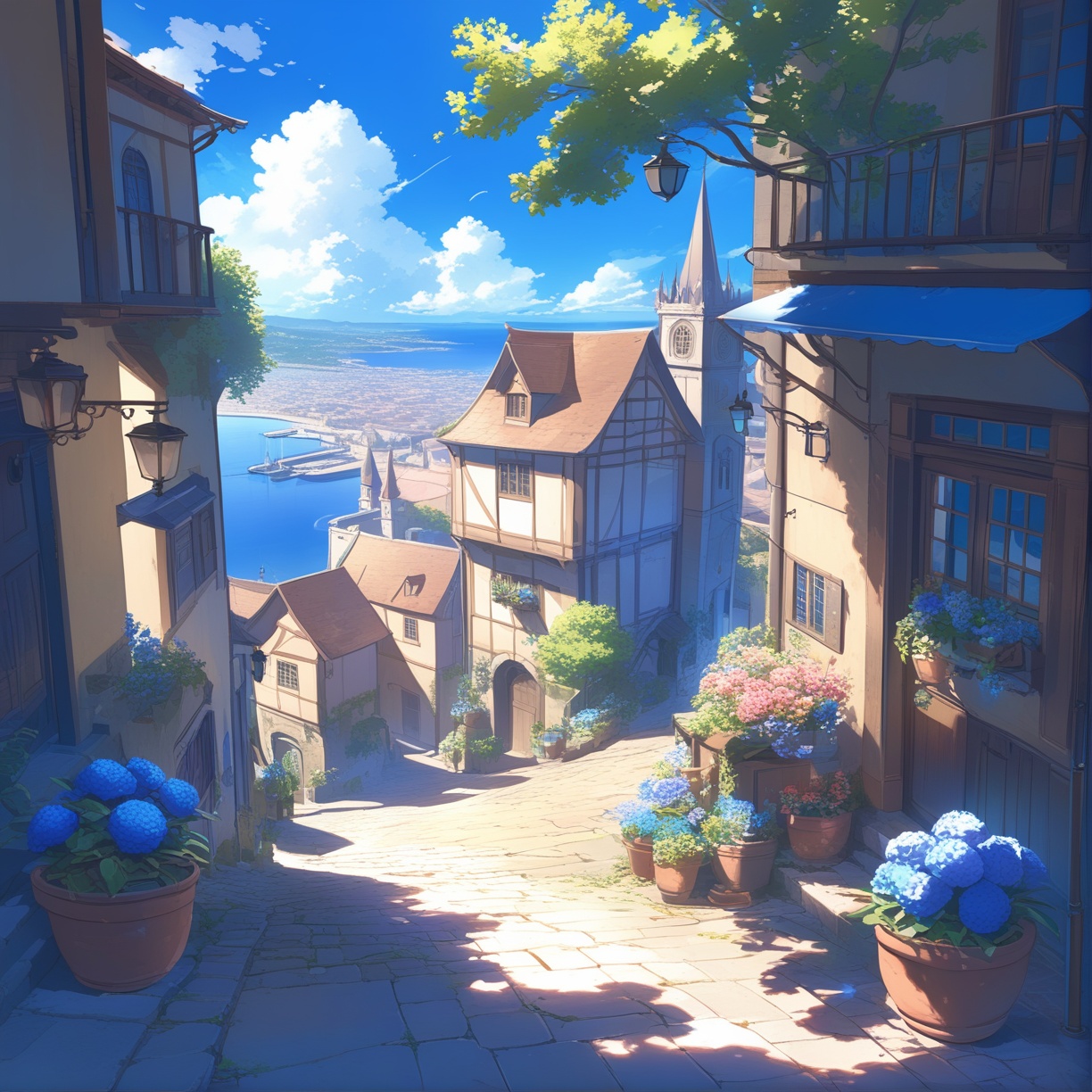 scenery, background, outdoors, sky, cloud, no humans, day, tree, ocean, blue sky, building, flower, plant, horizon, sign, water, potted plant, road, city, lamppost, town, house, blue flower, cityscape, window, bush, sunlight, pavement, door, street, path, cloudy sky, railing, stairs, flower pot, watercraft, fantasy, shade, tower, shadow ,
masterpiece, best quality, aesthetic